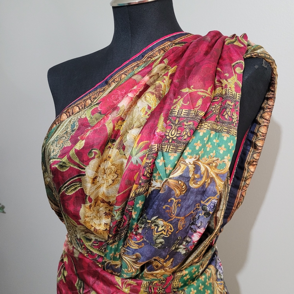 Floral silk dupatta with pink and gold trim